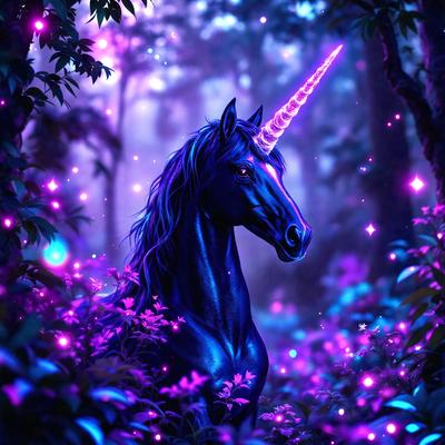 The primary subject of the image is a black unicorn with a purple mane, standing in a forest with purple trees and flowers. The setting is a lush, purple forest with a magical atmosphere. The visual style is a digital art or illustration, creating a surreal and fantastical scene. The colors and mood are predominantly purple, giving the image a dreamy and enchanting quality.